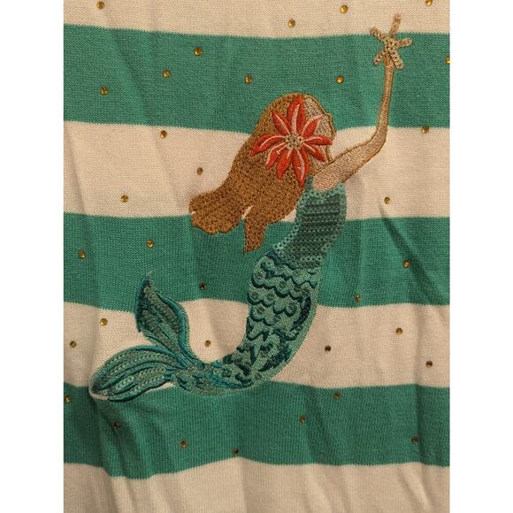 Pretty teal & white striped lightweight sweater w/mermaid embroidery, bua/bua S - Picture 3 of 8